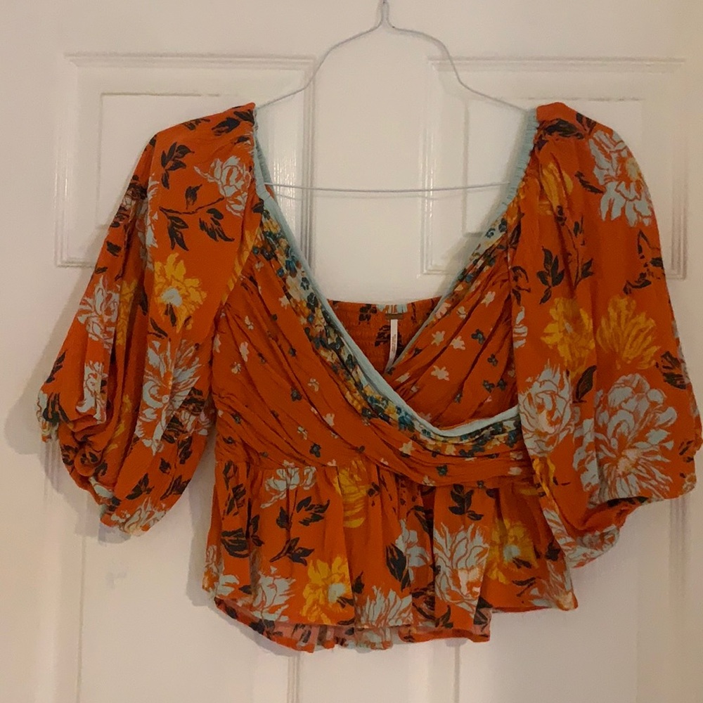 Free people orange floral wrap top